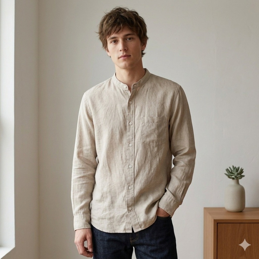 Muji Shirt Men Medium Beige 100% Linen Grandad Collar Minimalist Japandi Coastal